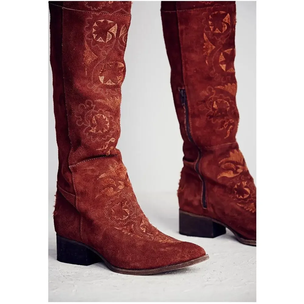 Free People Brown High Noon Suede Embroidered Over Knee Boots Sz EU 37/US 6.5